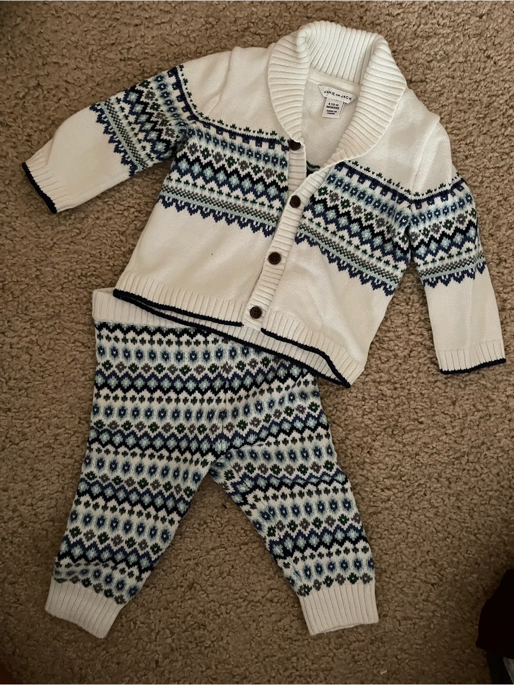 Janie and Jack Cream Shawl Collar Knit Cardigan with Blue & Green Fair Isle